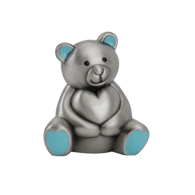 Sparebøsse bamse med lyseblå ører fra Nordahl Andersen, fortinnet, 9,5 cm